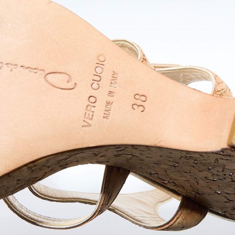 Pre Owned Oscar de la Renta Beige Cork and Leather Trim Wedge Sandals Size 38