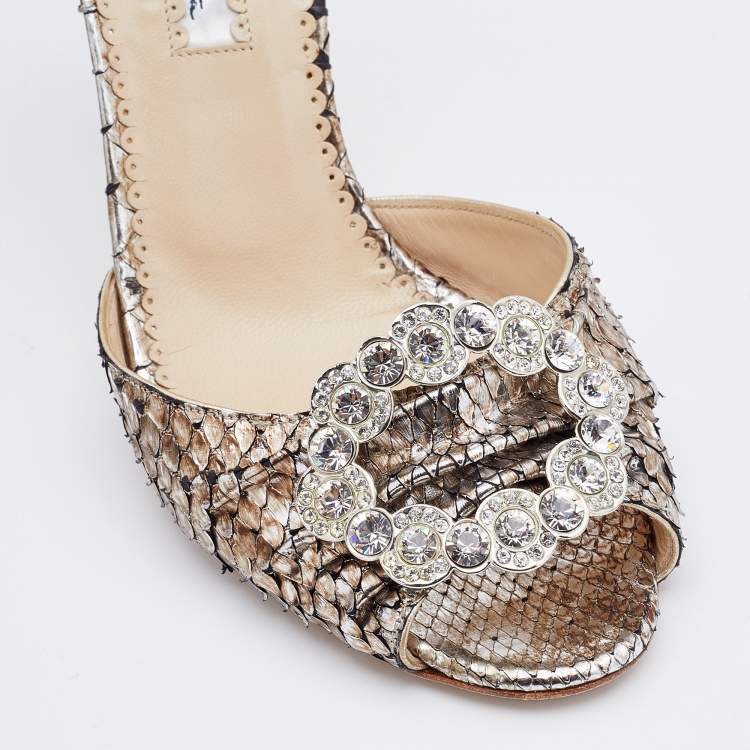 Pre Owned Oscar de la Renta Silver Python Crystal Embellished Dorsay Pumps Size 37.5