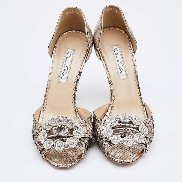 Pre Owned Oscar de la Renta Silver Python Crystal Embellished Dorsay Pumps Size 37.5