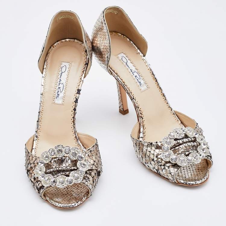 Pre Owned Oscar de la Renta Silver Python Crystal Embellished Dorsay Pumps Size 37.5