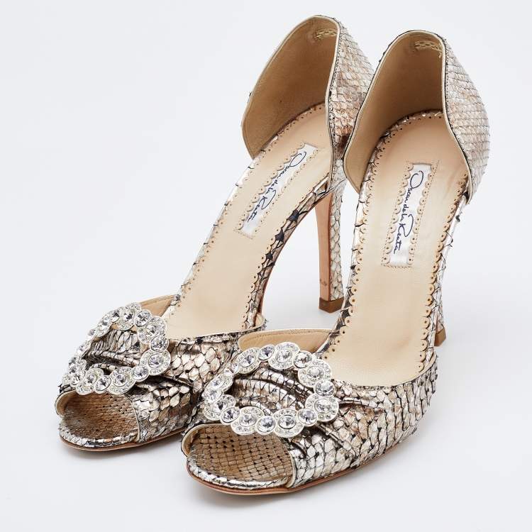 Pre Owned Oscar de la Renta Silver Python Crystal Embellished Dorsay Pumps Size 37.5