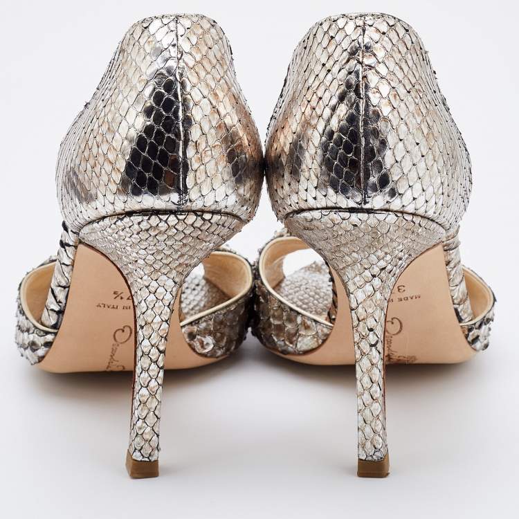 Pre Owned Oscar de la Renta Silver Python Crystal Embellished Dorsay Pumps Size 37.5