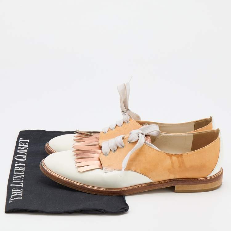 Pre Owned Oscar de la Renta Tricolor Leather Fringe Detail Lace Up Derby Size 39