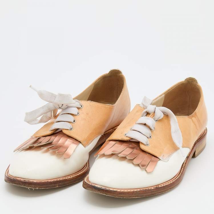 Pre Owned Oscar de la Renta Tricolor Leather Fringe Detail Lace Up Derby Size 39
