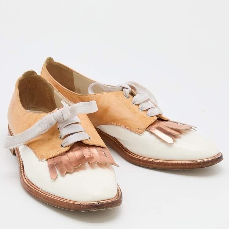 Pre Owned Oscar de la Renta Tricolor Leather Fringe Detail Lace Up Derby Size 39