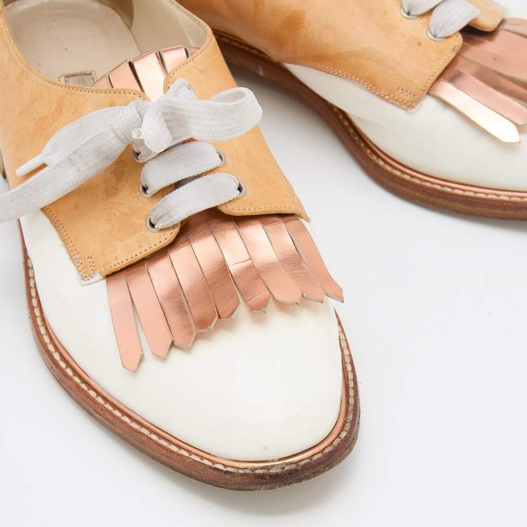 Pre Owned Oscar de la Renta Tricolor Leather Fringe Detail Lace Up Derby Size 39