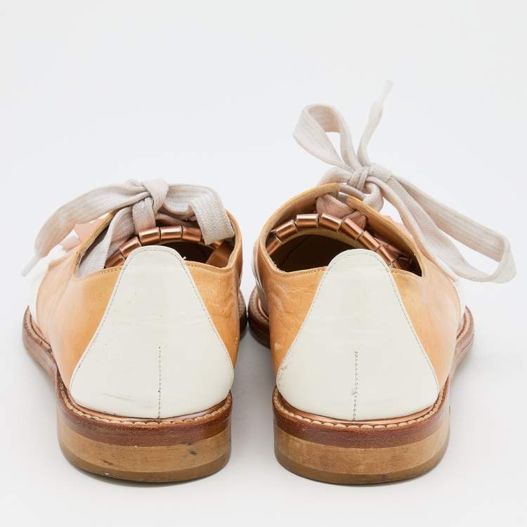 Pre Owned Oscar de la Renta Tricolor Leather Fringe Detail Lace Up Derby Size 39