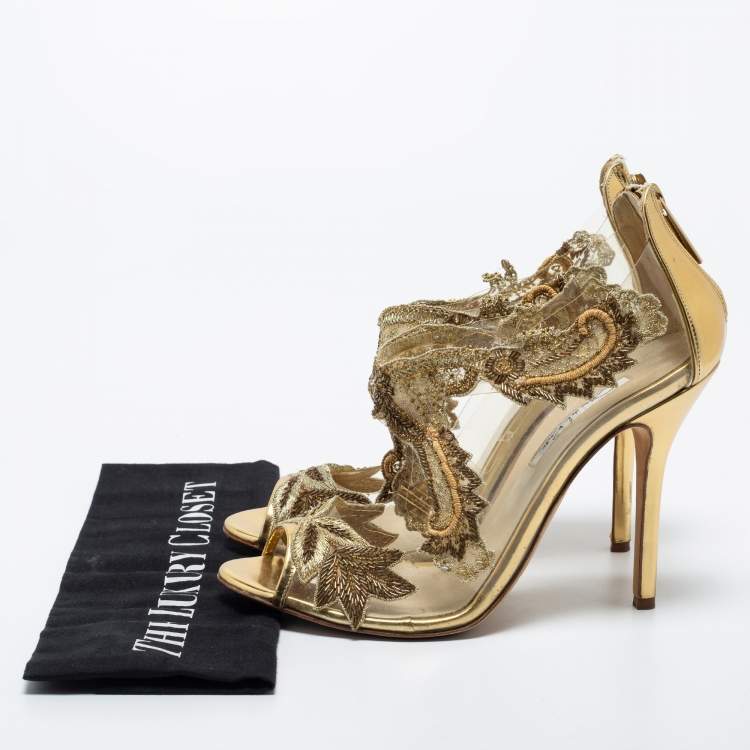 Pre Owned Oscar de la Renta Gold Leather, Lace and PVC Ambria Embellished Peep Toe Sandals Size 39