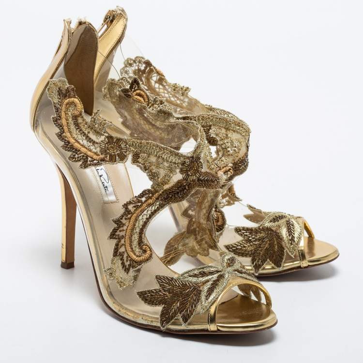 Pre Owned Oscar de la Renta Gold Leather, Lace and PVC Ambria Embellished Peep Toe Sandals Size 39