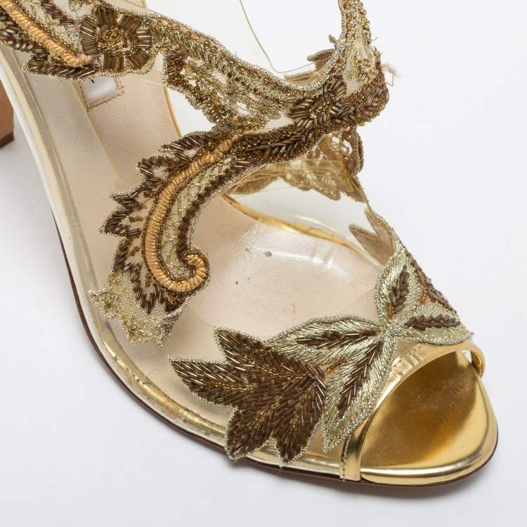 Pre Owned Oscar de la Renta Gold Leather, Lace and PVC Ambria Embellished Peep Toe Sandals Size 39