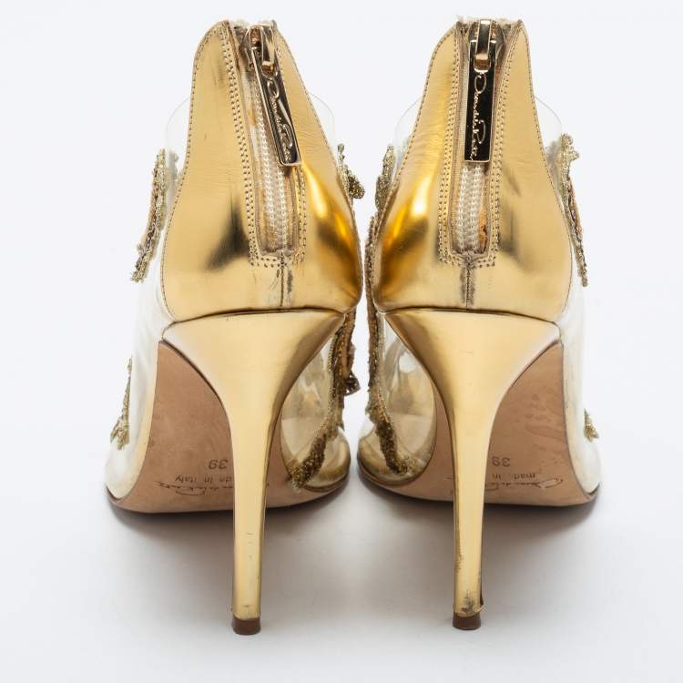 Pre Owned Oscar de la Renta Gold Leather, Lace and PVC Ambria Embellished Peep Toe Sandals Size 39