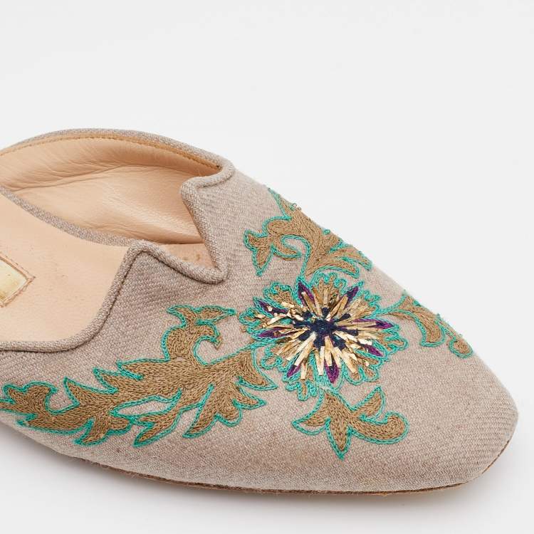 Pre Owned Oscar de la Renta Multicolor Canvas Embroidered Spanish Flat Mules Size 37