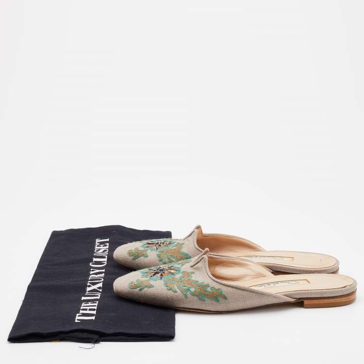 Pre Owned Oscar de la Renta Multicolor Canvas Embroidered Spanish Flat Mules Size 37