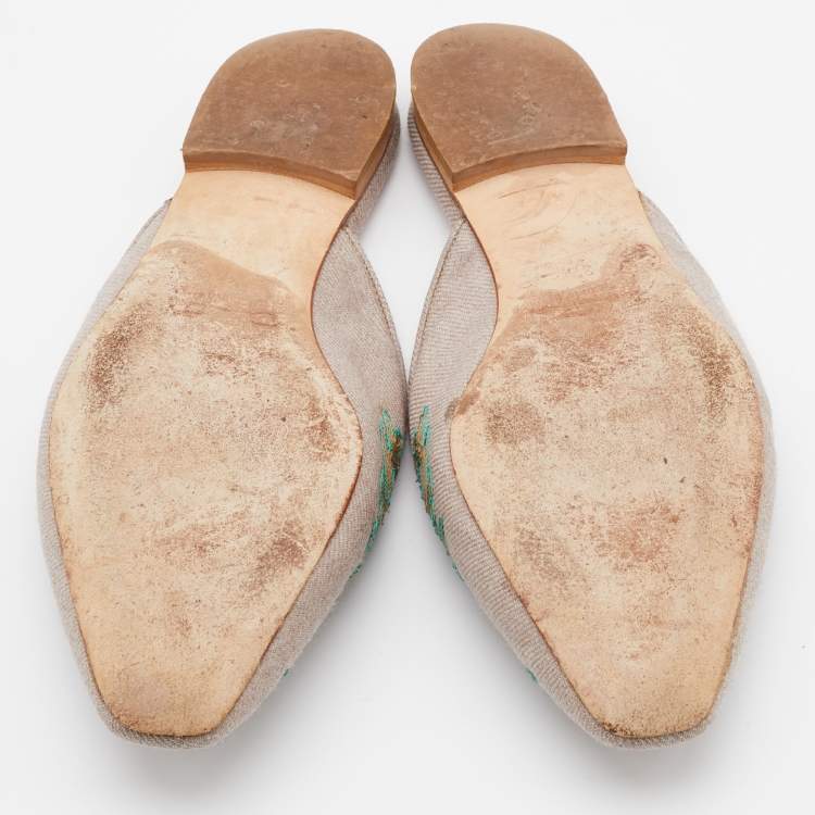 Pre Owned Oscar de la Renta Multicolor Canvas Embroidered Spanish Flat Mules Size 37