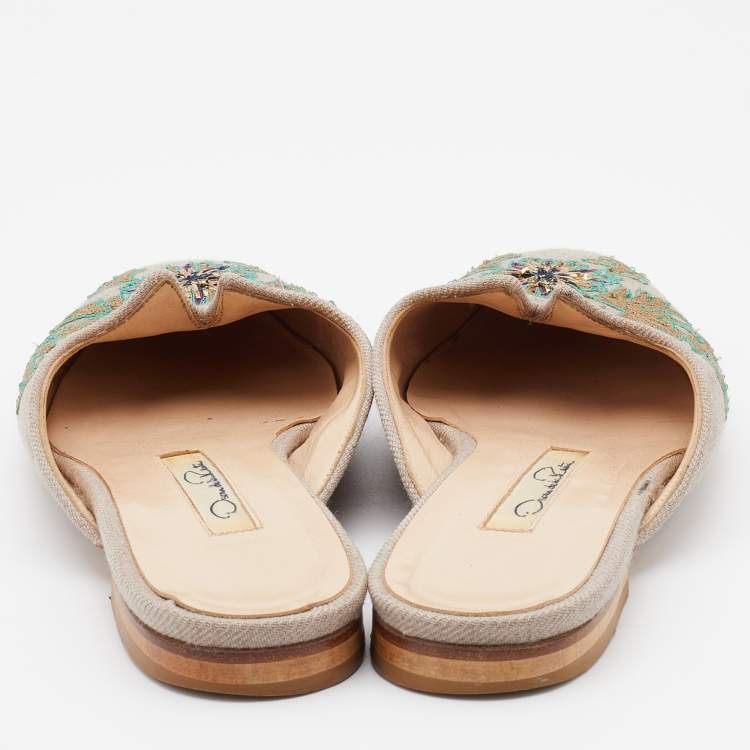 Pre Owned Oscar de la Renta Multicolor Canvas Embroidered Spanish Flat Mules Size 37