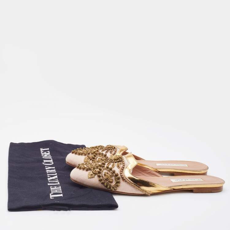 Pre Owned Oscar de la Renta Pink/Metallic Gold Fabric and Leather Embellished Flat Mules Size 37