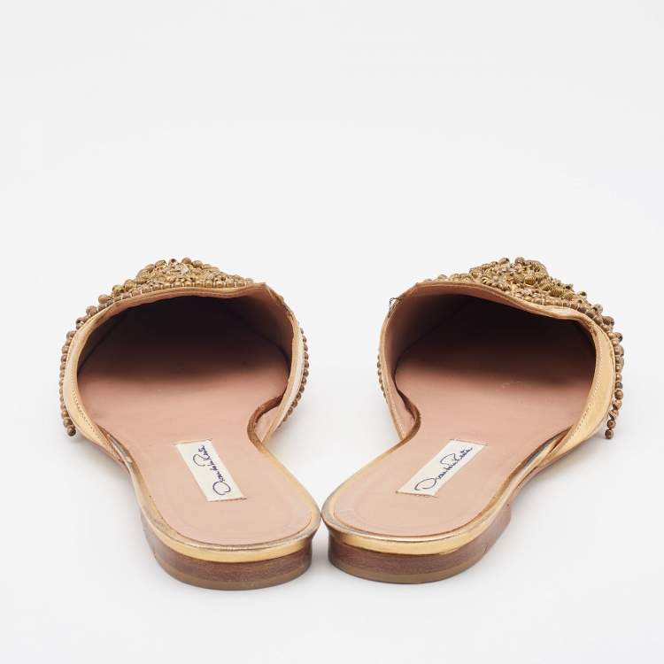 Pre Owned Oscar de la Renta Pink/Metallic Gold Fabric and Leather Embellished Flat Mules Size 37