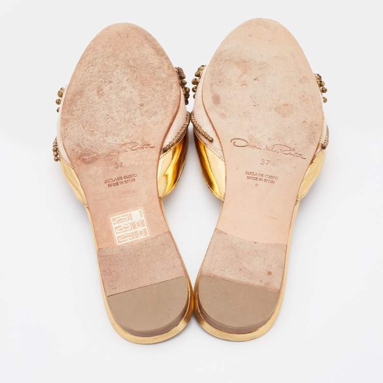 Pre Owned Oscar de la Renta Pink/Metallic Gold Fabric and Leather Embellished Flat Mules Size 37