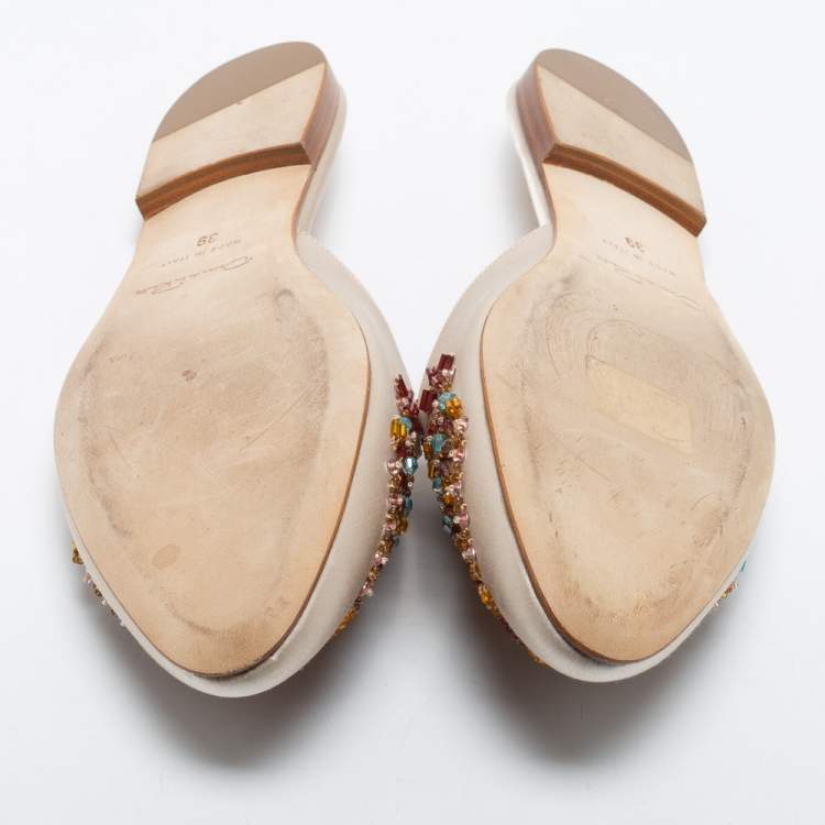 Pre Owned Oscar de la Renta White Satin Embellished Mules Size 39