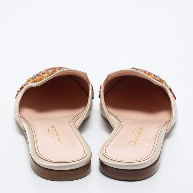 Pre Owned Oscar de la Renta White Satin Embellished Mules Size 39