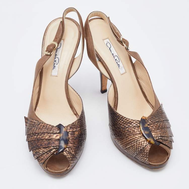Pre Owned Oscar de la Renta Metallic Brown Python Embossed Leather Slingback Peep Toe Pumps Size 38