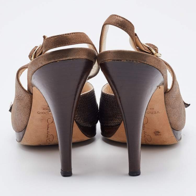 Pre Owned Oscar de la Renta Metallic Brown Python Embossed Leather Slingback Peep Toe Pumps Size 38