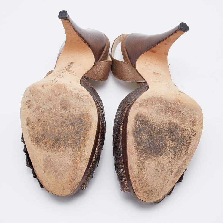 Pre Owned Oscar de la Renta Metallic Brown Python Embossed Leather Slingback Peep Toe Pumps Size 38