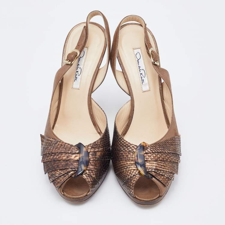Pre Owned Oscar de la Renta Metallic Brown Python Embossed Leather Slingback Peep Toe Pumps Size 38