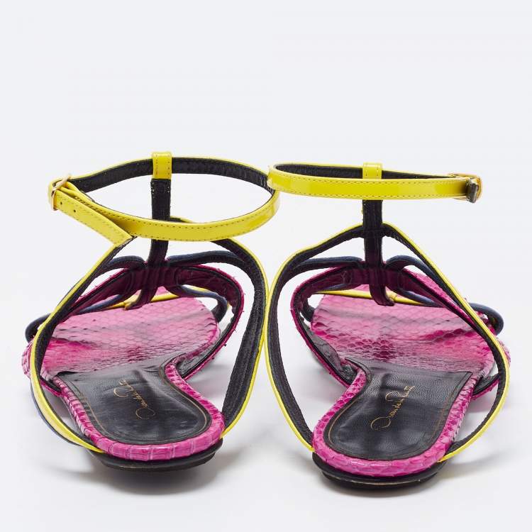 Pre Owned Oscar de la Renta Multicolor Patent Leather and Watersnake Strappy Flat Sandals Size 38