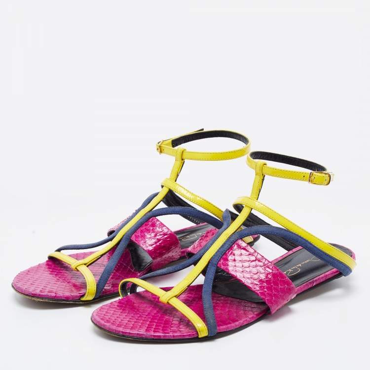 Pre Owned Oscar de la Renta Multicolor Patent Leather and Watersnake Strappy Flat Sandals Size 38