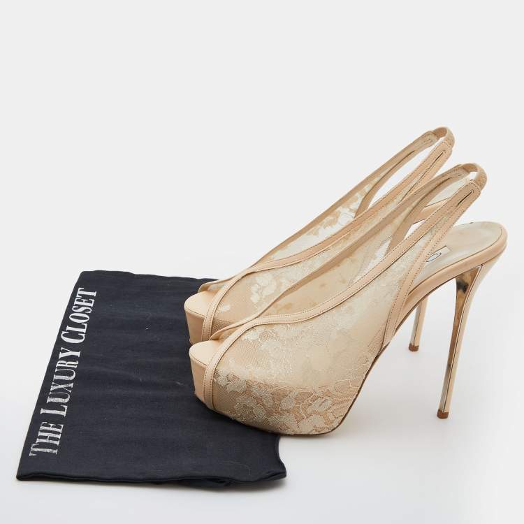 Pre Owned Oscar de la Renta Beige Leather and Mesh Slingback Platform Pumps Size 38.5