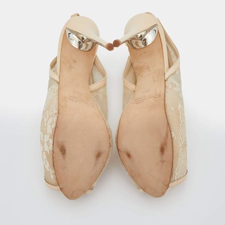 Pre Owned Oscar de la Renta Beige Leather and Mesh Slingback Platform Pumps Size 38.5