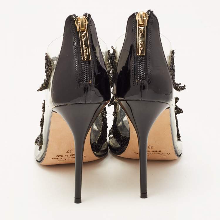 Pre Owned Oscar de la Renta Black Patent Leather, PVC and Lace Ambria Peep Toe Pumps Size 37