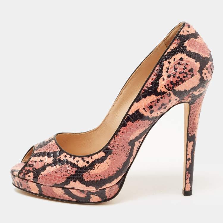 Pre Owned Oscar de la Renta Pink/Black Snakeskin Leather Peep Toe Pumps Size 39