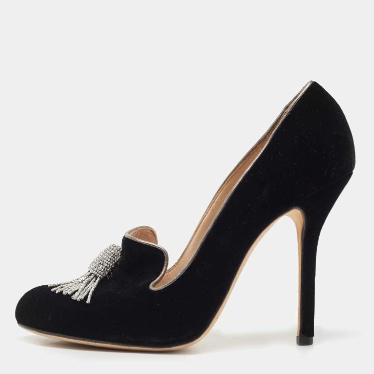 Pre Owned Oscar de la Renta Black Velvet Crystal Embellished Pumps Size 38.5