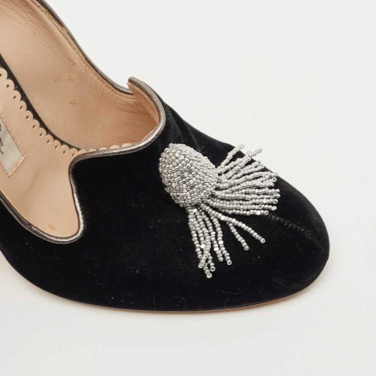 Pre Owned Oscar de la Renta Black Velvet Crystal Embellished Pumps Size 38.5