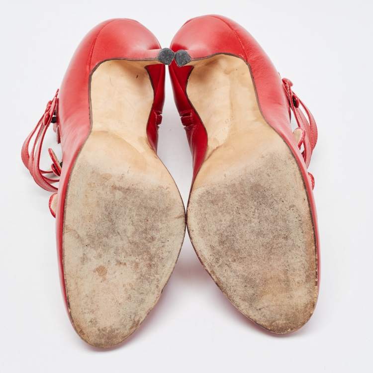 Pre Owned Oscar de la Renta Red Leather Strappy Ankle Booties Size 38