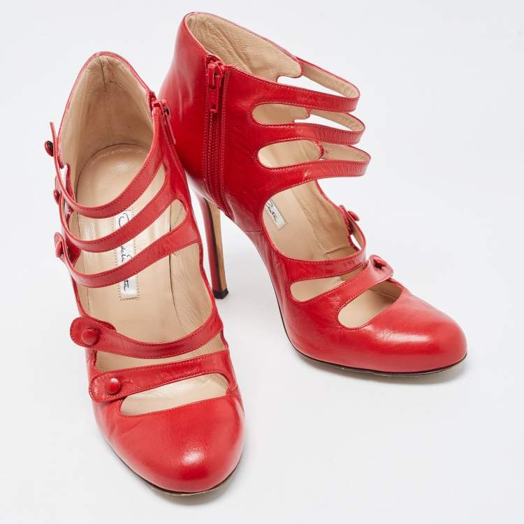 Pre Owned Oscar de la Renta Red Leather Strappy Ankle Booties Size 38