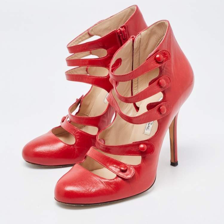 Pre Owned Oscar de la Renta Red Leather Strappy Ankle Booties Size 38