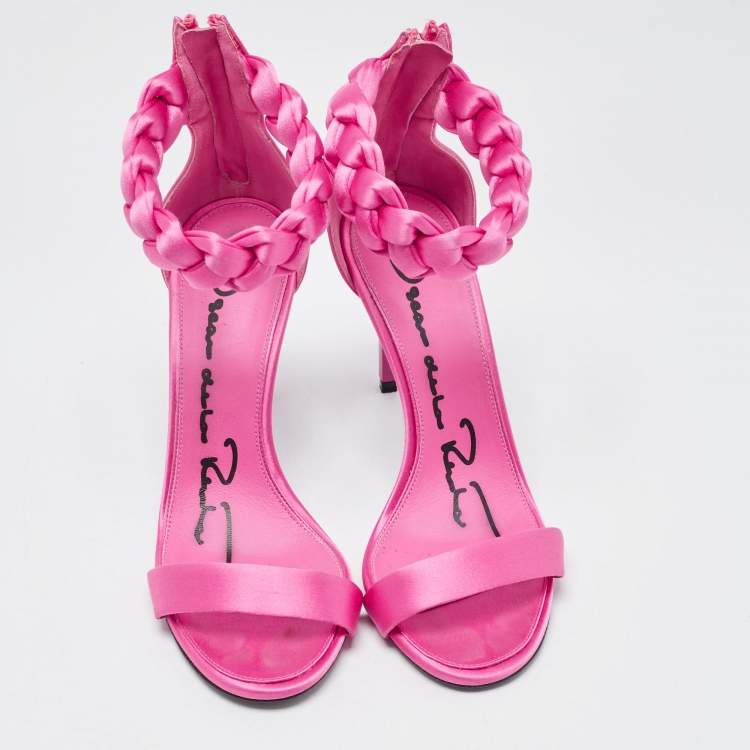 Pre Owned Oscar De La Renta Pink Satin Braided Ankle Strap Sandals Size 36.5