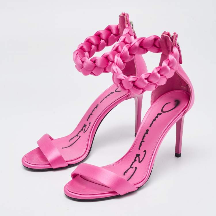 Pre Owned Oscar De La Renta Pink Satin Braided Ankle Strap Sandals Size 36.5
