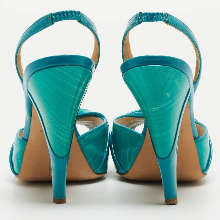 Pre Owned Oscar De La Renta Turquoise Patent Leather Bow Platform Slingback Sandals Size 36.5