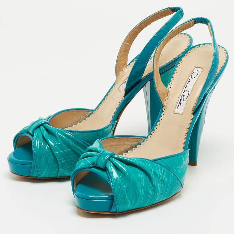 Pre Owned Oscar De La Renta Turquoise Patent Leather Bow Platform Slingback Sandals Size 36.5