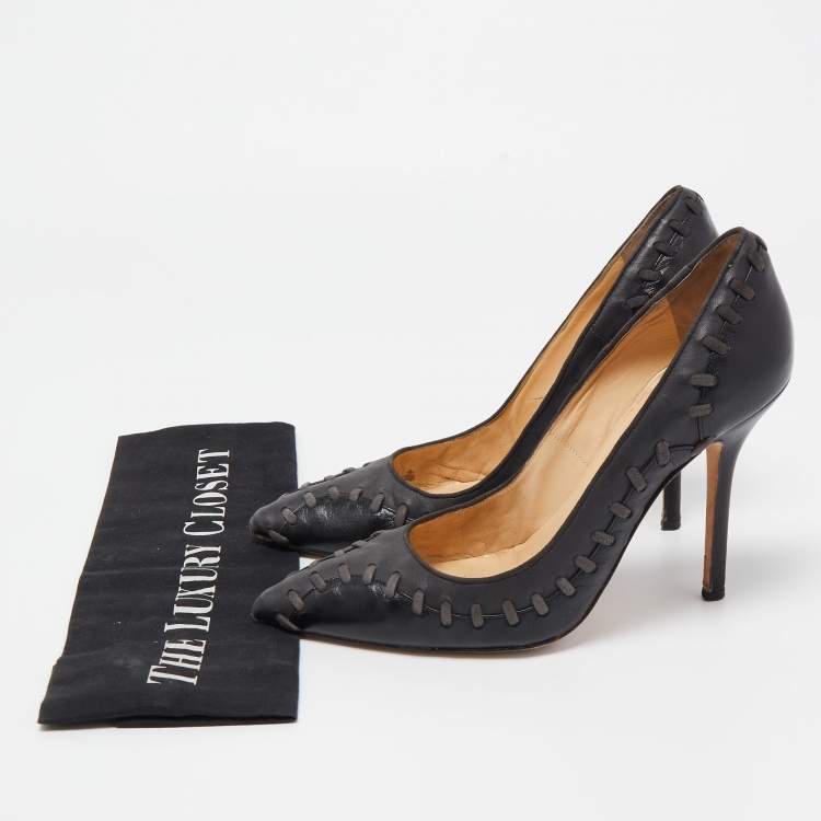 Pre Owned Oscar de la Renta Black Leather Pointed Toe Pumps Size 38