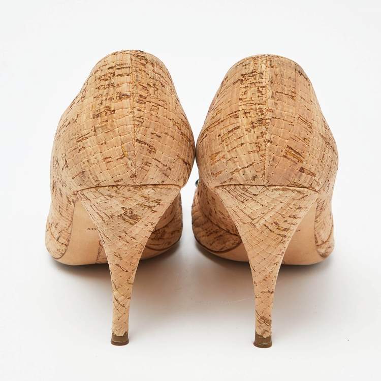 Pre Owned Oscar de la Renta Light Brown Cork Embellished Peep Toe Pumps Size 36