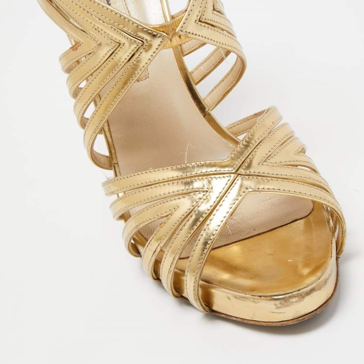 Pre Owned Oscar de la Renta Gold Leather Strappy Sandals Size 37.5