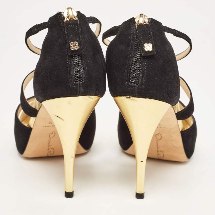 Pre Owned Oscar de la Renta Gold/Black Leather and Suede Ankle Strap Sandals Size 36.5