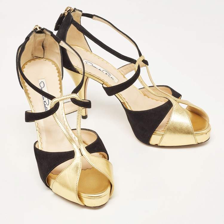 Pre Owned Oscar de la Renta Gold/Black Leather and Suede Ankle Strap Sandals Size 36.5