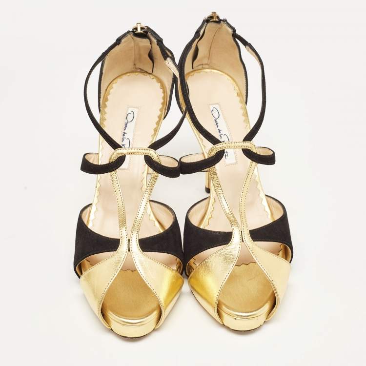 Pre Owned Oscar de la Renta Gold/Black Leather and Suede Ankle Strap Sandals Size 36.5