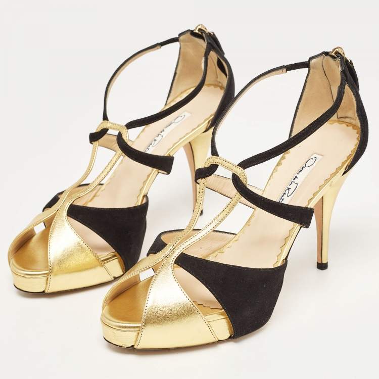 Pre Owned Oscar de la Renta Gold/Black Leather and Suede Ankle Strap Sandals Size 36.5